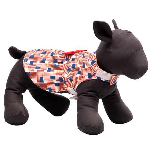 Patchwork Flag Dog Dress – Polyester, Red/White/Blue, Sizes XS–XXL
