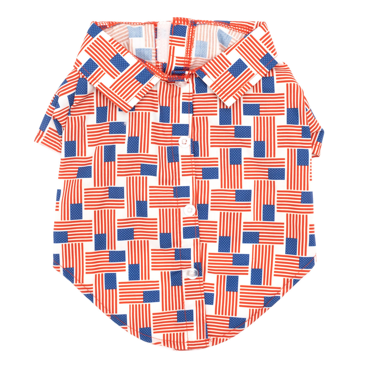 Patchwork Flag Dog Shirt – Polyester, Red/White/Blue, Sizes XS–XXL