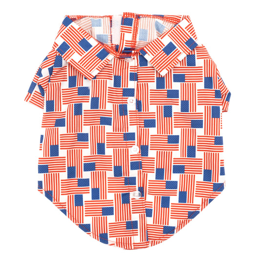 Patchwork Flag Dog Shirt – Polyester, Red/White/Blue, Sizes XS–XXL