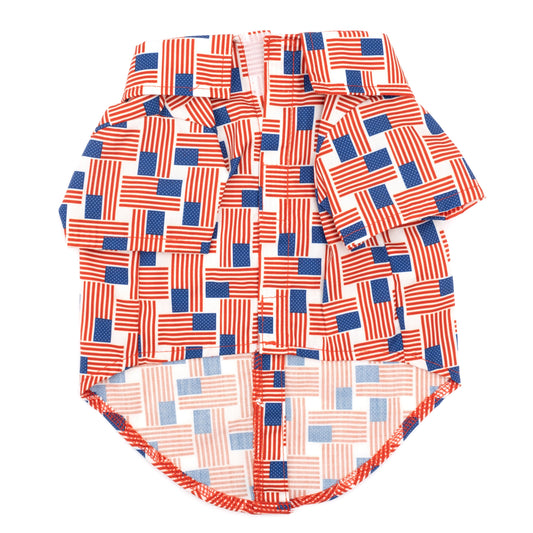 Patchwork Flag Dog Shirt – Polyester, Red/White/Blue, Sizes XS–XXL