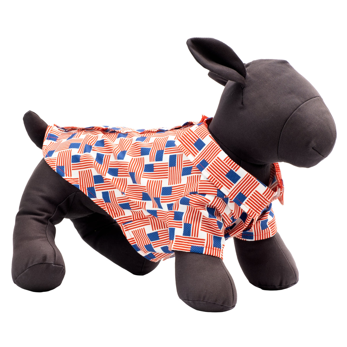 Patchwork Flag Dog Shirt – Polyester, Red/White/Blue, Sizes XS–XXL