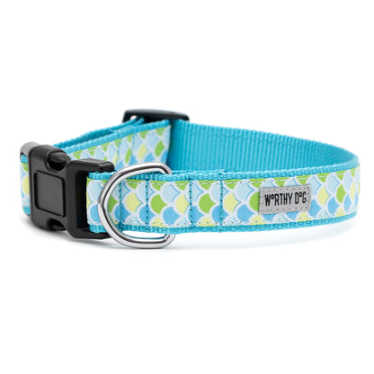 Mermaid Scale Nylon Dog Collar in blue, product view 2