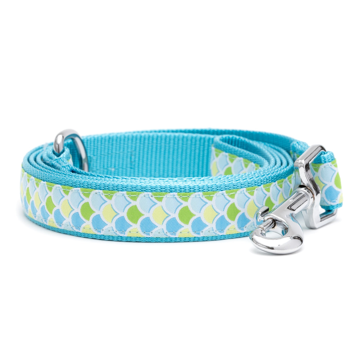 Mermaid blue ribbon and nylon dog leash, coiled leash