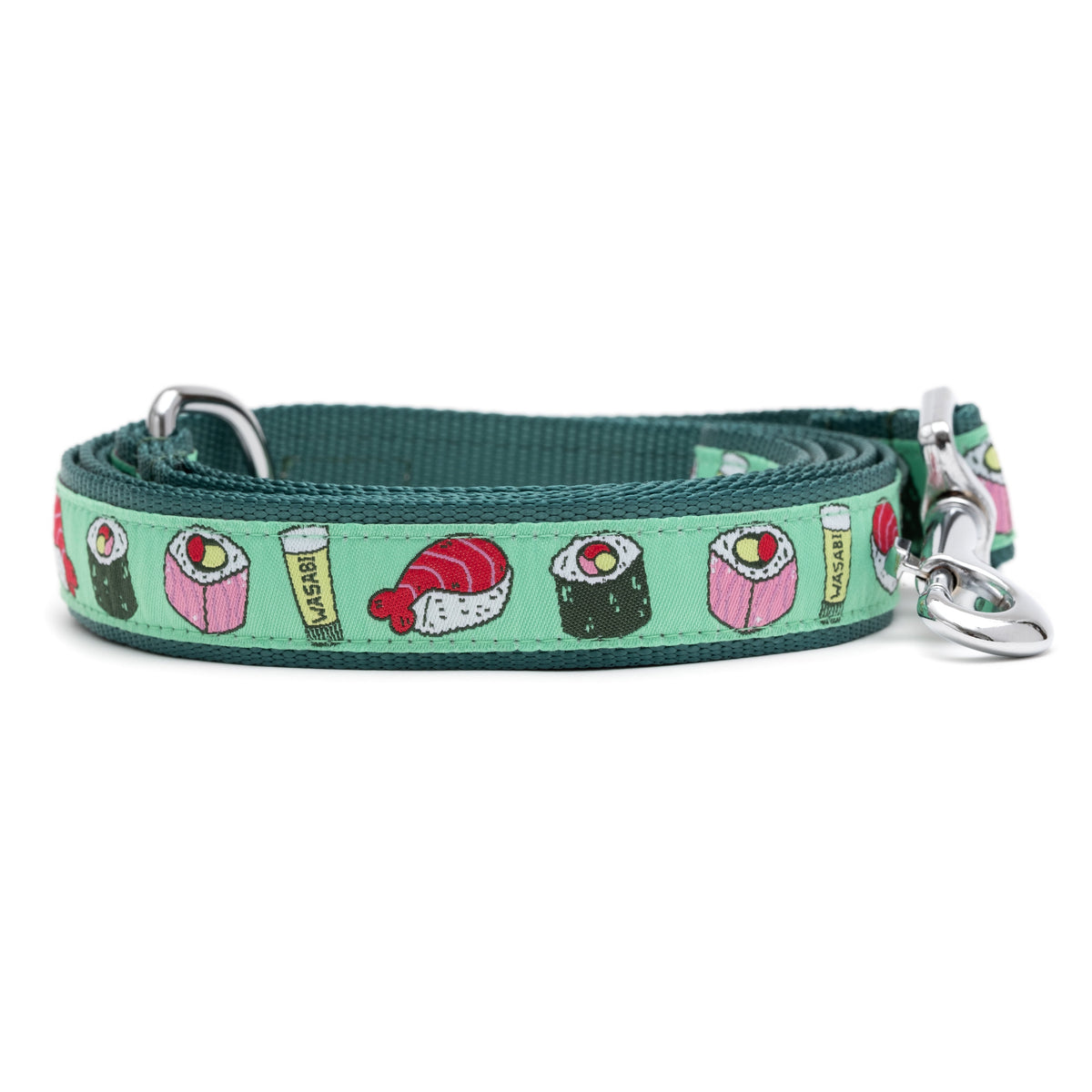 Sushi mint green ribbon and nylon dog leash, coiled leash