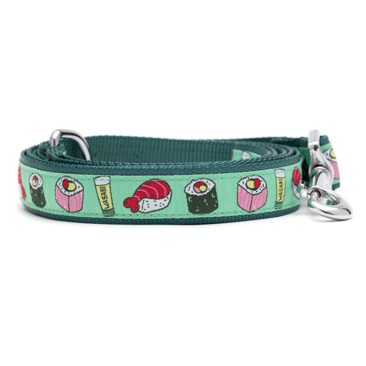 Sushi mint green ribbon and nylon dog leash, coiled leash