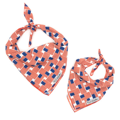 Patchwork Flag Dog Bandana – Polyester, Red/White/Blue, Sizes S, L