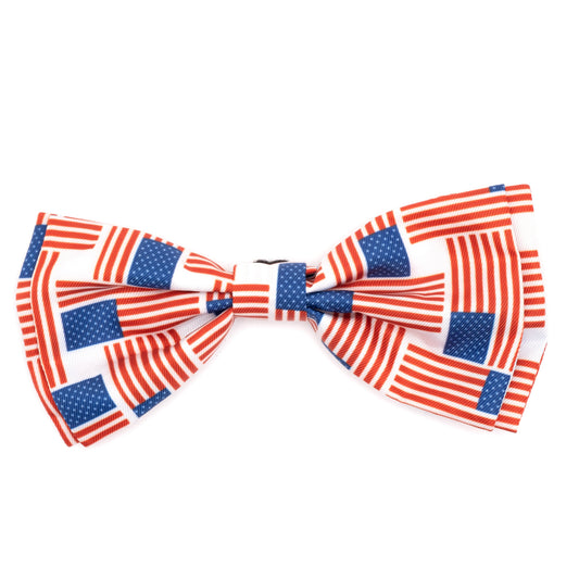 Patchwork Flag Dog Bow Tie – Polyester, Red/White/Blue, Sizes S, L