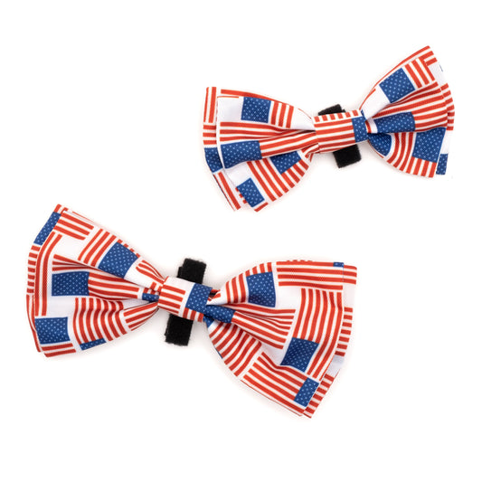 Patchwork Flag Dog Bow Tie – Polyester, Red/White/Blue, Sizes S, L
