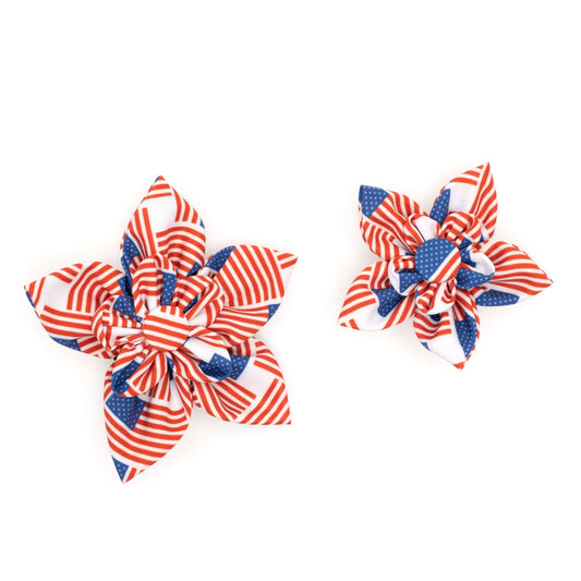 Patchwork Flag Dog Flower – Polyester, Red/White/Blue, Sizes S, L