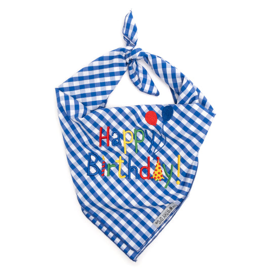 Happy Birthday Dog Bandana – Polyester, Blue & Pink, Sizes S, L