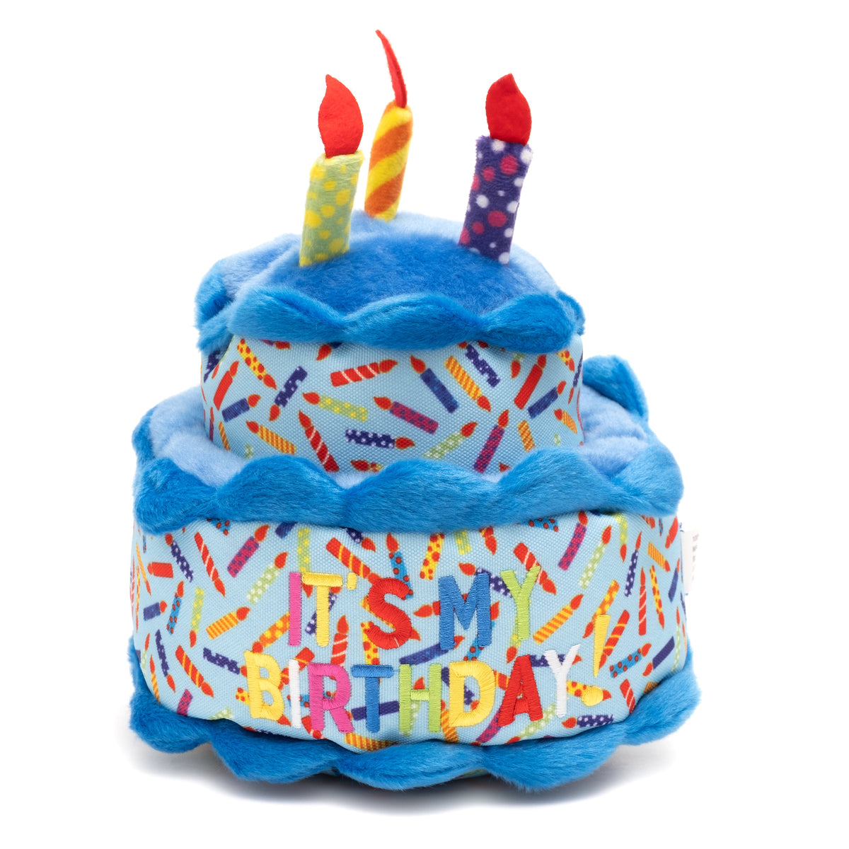 Birthday Cake Squeaky Dog Toy, Blue cake front view