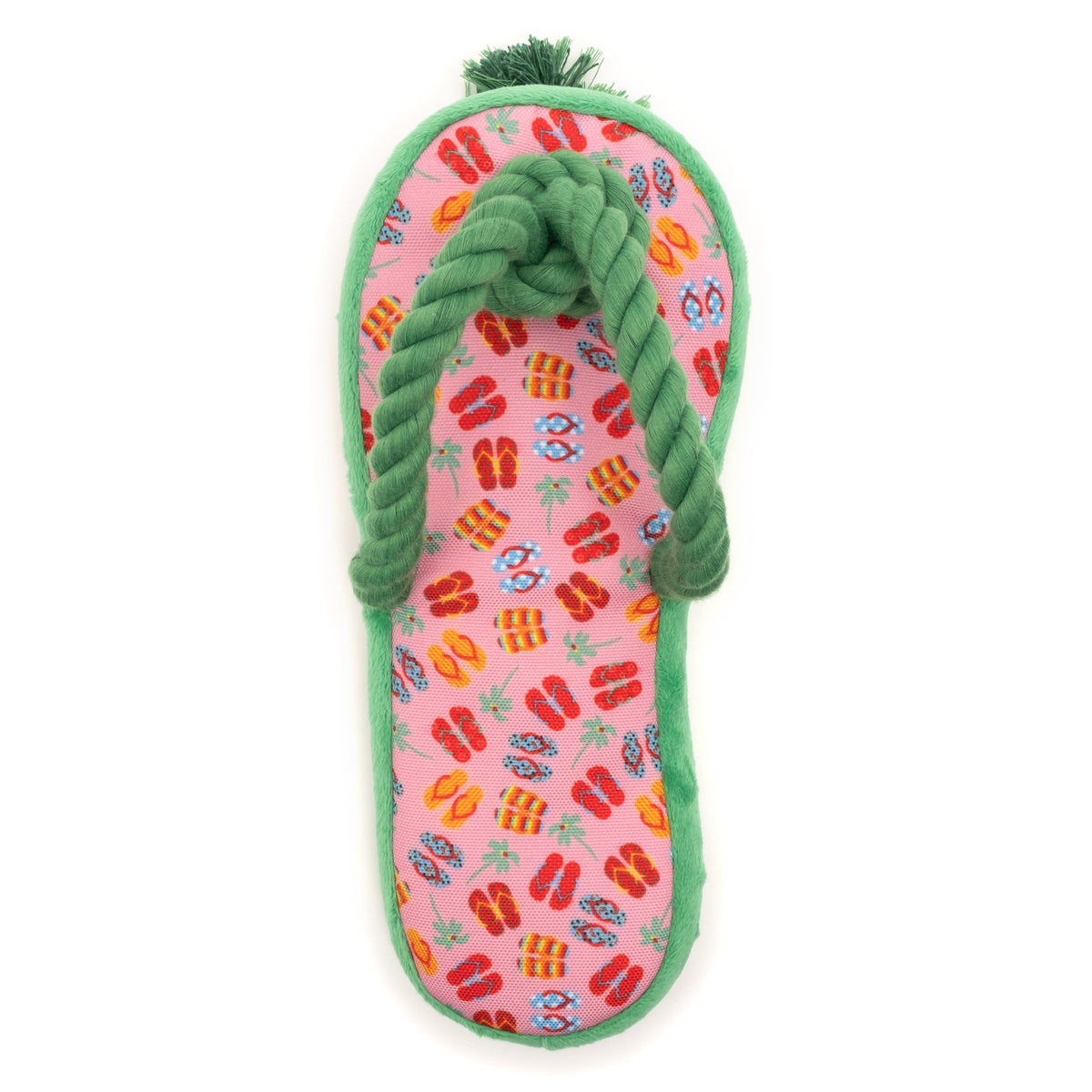 Pink Flip Flop Squeaky Dog Toy with Green Rope Strap, front view with green rope strap
