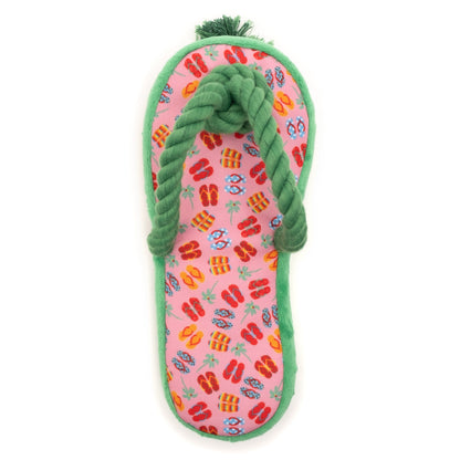 Pink Flip Flop Squeaky Dog Toy with Green Rope Strap, front view with green rope strap