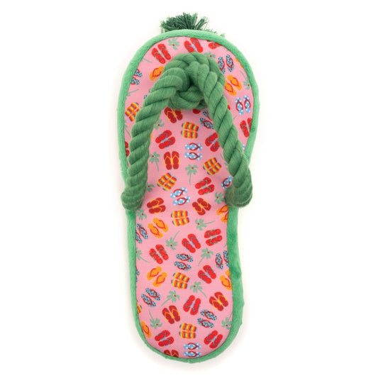 Pink Flip Flop Squeaky Dog Toy with Green Rope Strap, front view with green rope strap