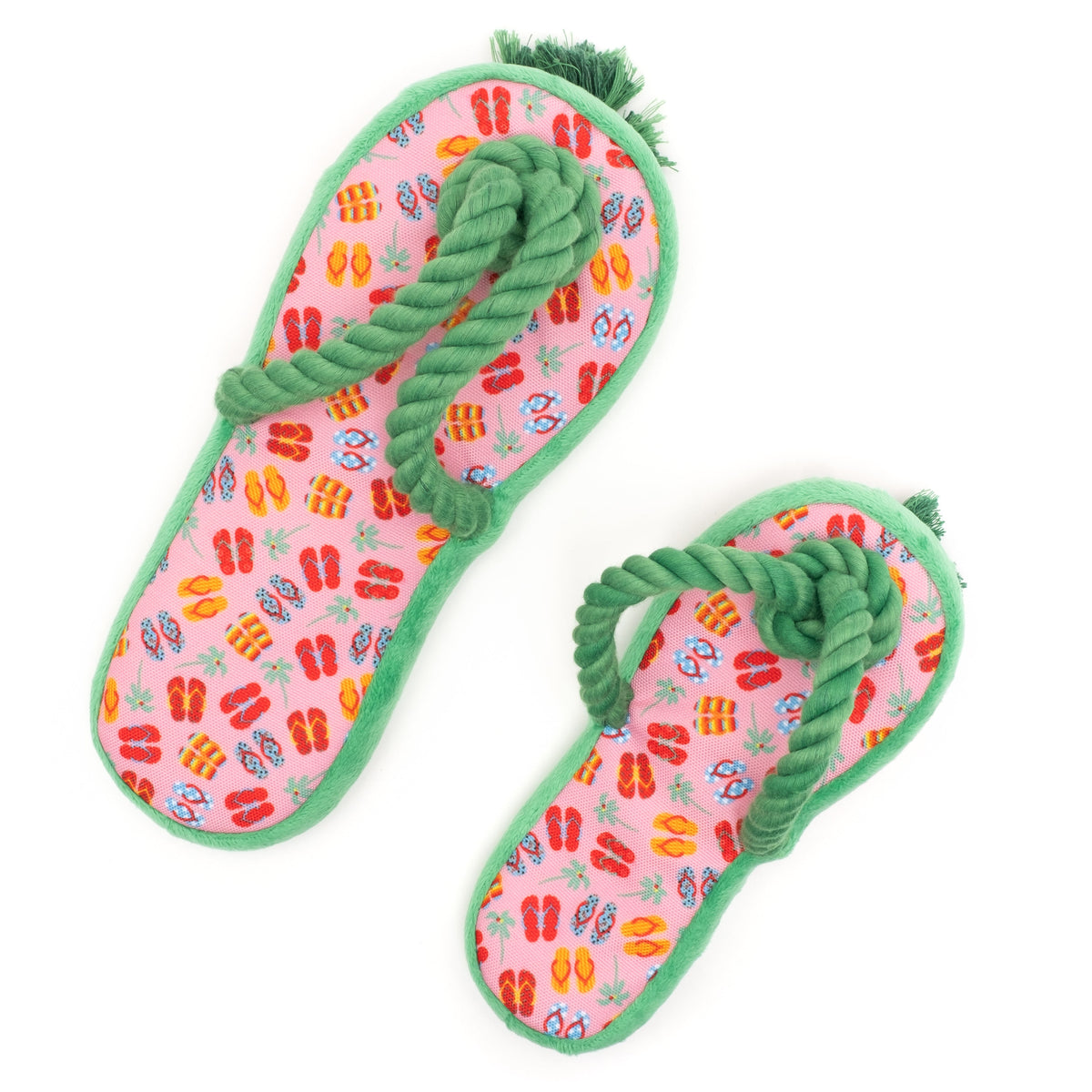 Pink Flip Flop Squeaky Dog Toy with Green Rope Strap, Small and Large size comparison