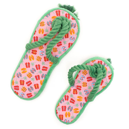 Pink Flip Flop Squeaky Dog Toy with Green Rope Strap, Small and Large size comparison