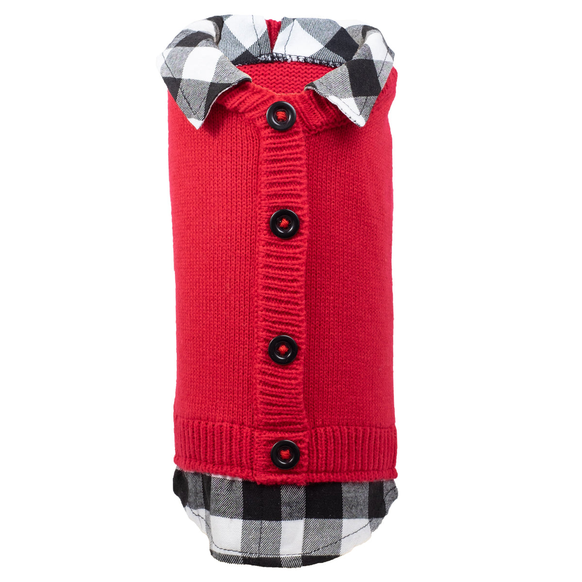 Two-Fer Red/Buffalo Cardigan Dog Sweater – Acrylic, Red, Sizes XXS–XXL