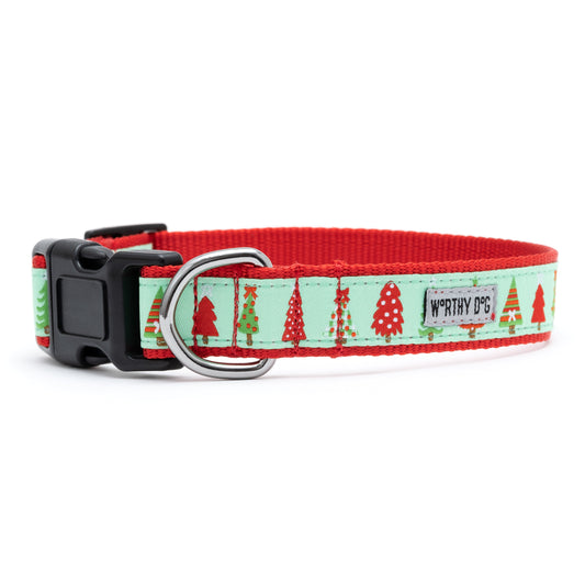 Holiday Trees Dog Collar – Green & Pink, Sizes XS–XL