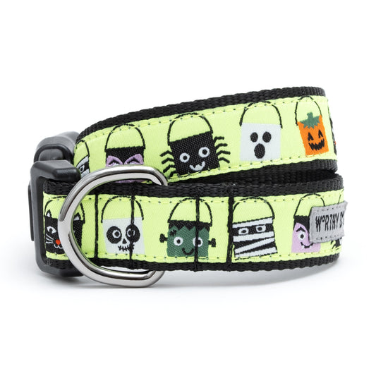 Halloween candy-bucket characters on lime ribbon Halloween dog collar, front view