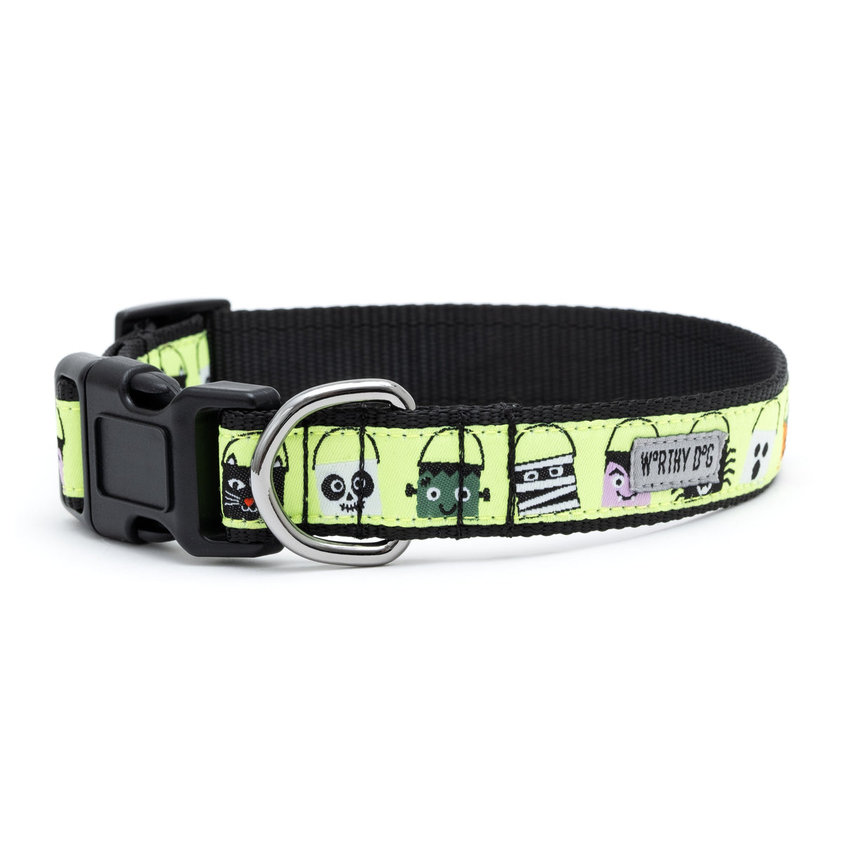 Halloween candy-bucket characters on lime ribbon Halloween dog collar, side view