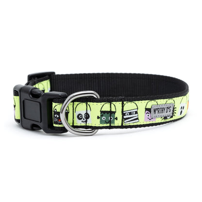 Halloween candy-bucket characters on lime ribbon Halloween dog collar, side view