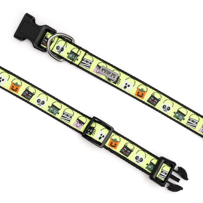 Halloween candy-bucket characters on lime ribbon Halloween dog collar, extended with buckle open