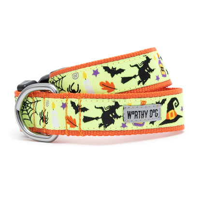 Flying witches, bats and pumpkins on lime ribbon Halloween dog collar, front view
