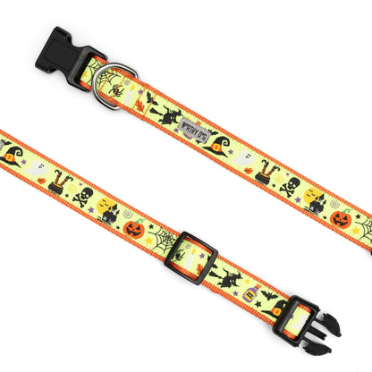 Flying witches, bats and pumpkins on lime ribbon Halloween dog collar, extended with buckle open
