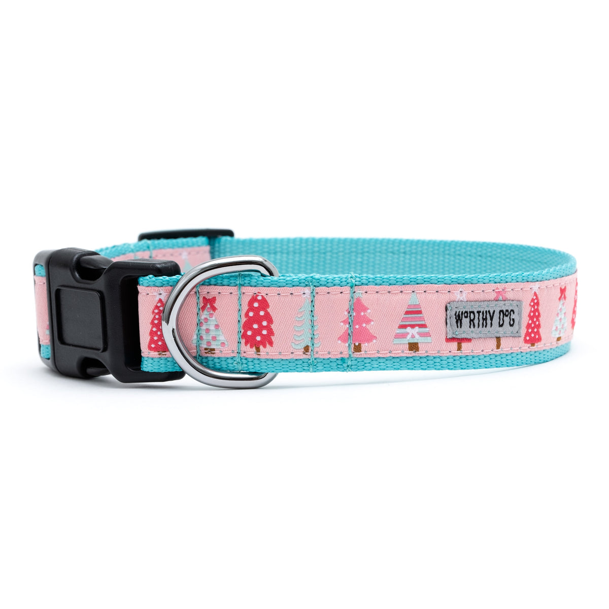 Holiday Trees Dog Collar – Green & Pink, Sizes XS–XL