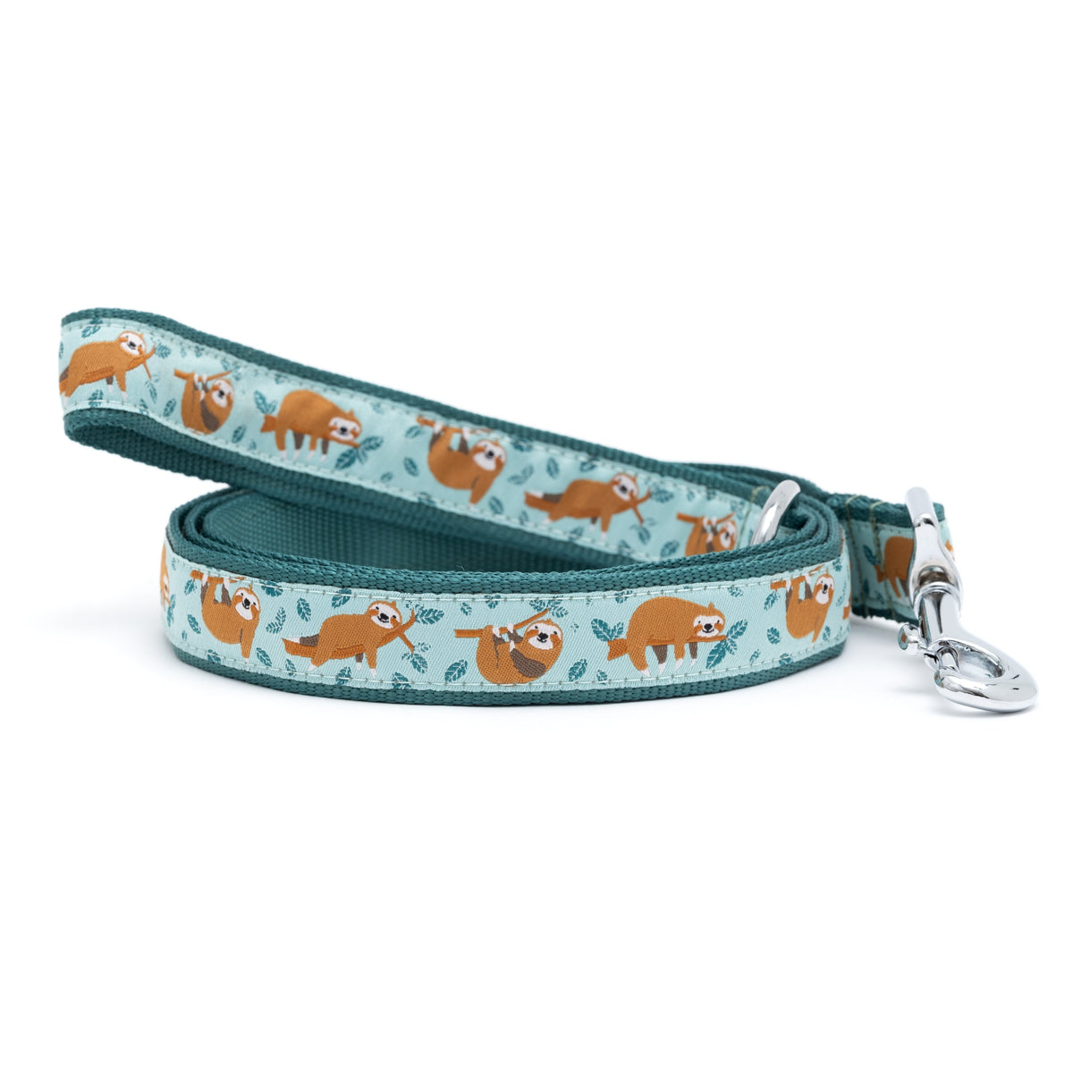 Sloth mint green ribbon and nylon dog leash, coiled leash