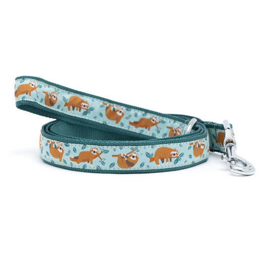 Sloth mint green ribbon and nylon dog leash, coiled leash