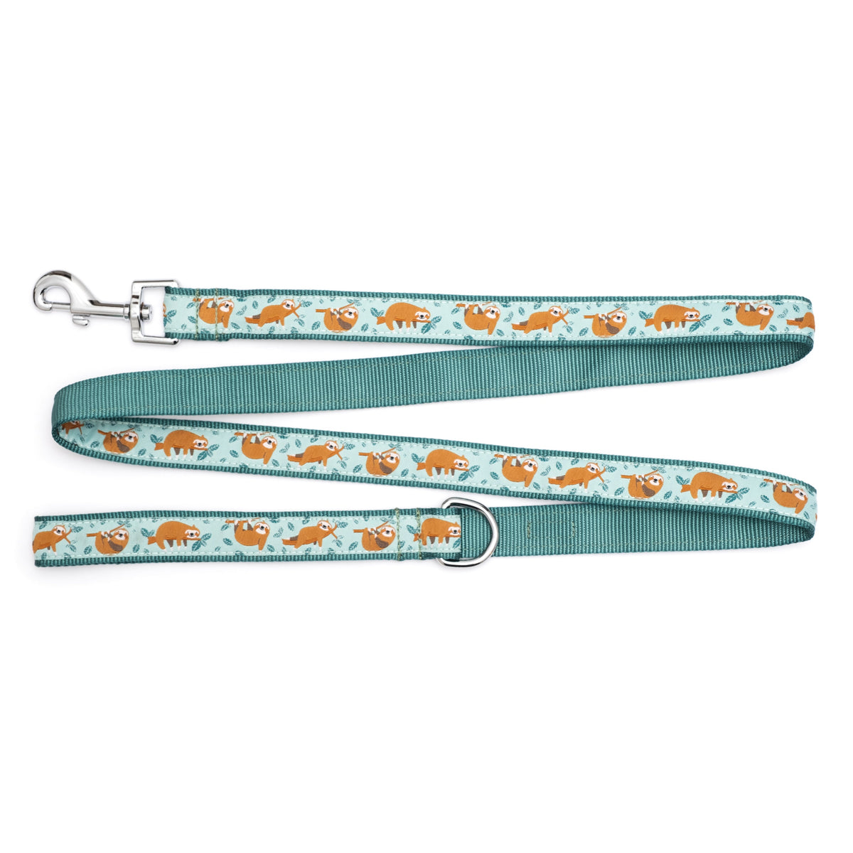 Sloth mint green ribbon and nylon dog leash, product view 2