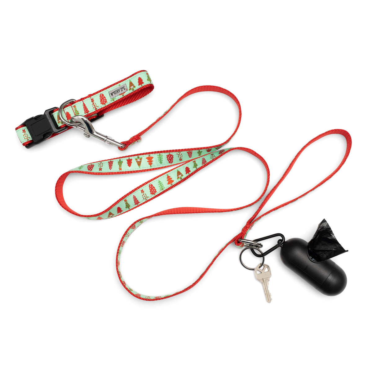 Holiday Trees green ribbon and nylon dog leash, product view 4