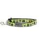 Halloween candy-bucket characters on lime ribbon Halloween cat collar, front view with bell
