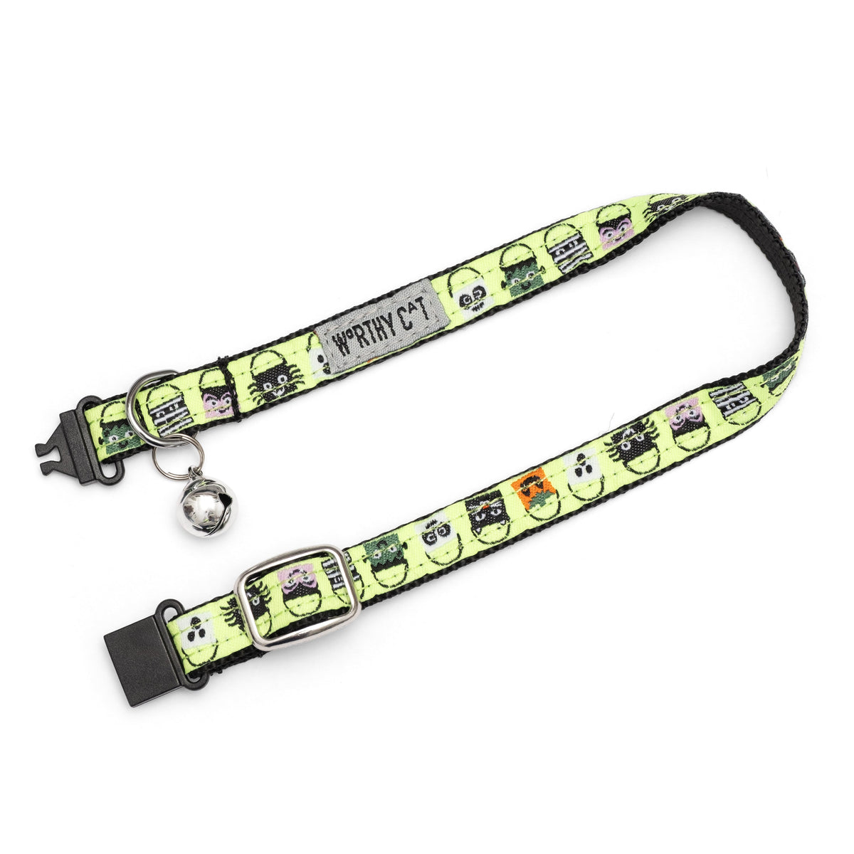 Halloween candy-bucket characters on lime ribbon Halloween cat collar, extended with clasp open