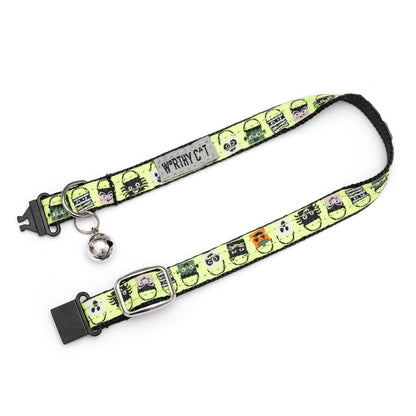 Halloween candy-bucket characters on lime ribbon Halloween cat collar, extended with clasp open