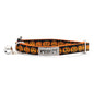 Orange jack-o-lantern faces on black ribbon Halloween cat collar, front view with bell