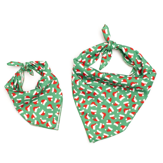 Santa Hats Dog Bandana – Polyester, Green, Sizes S, L