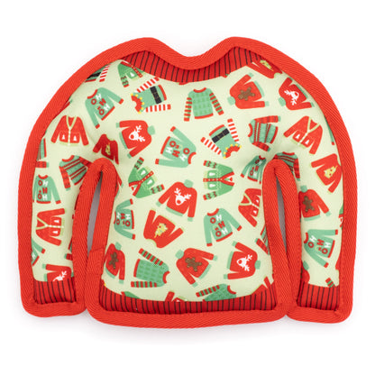 Green Christmas Sweater Squeaky Dog Toy with Red Trim, front view of green sweater shape