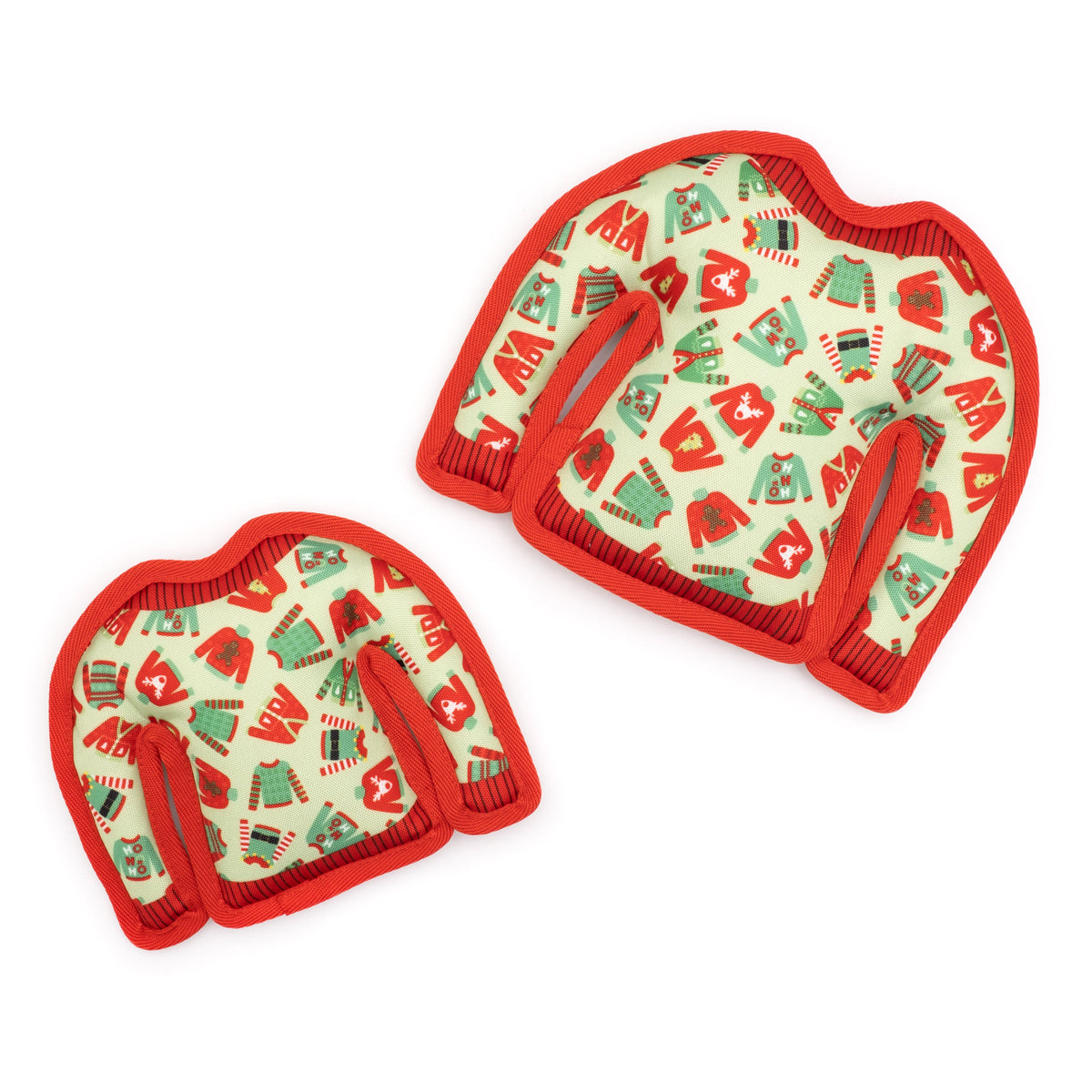 Green Christmas Sweater Squeaky Dog Toy with Red Trim, Small and Large size comparison