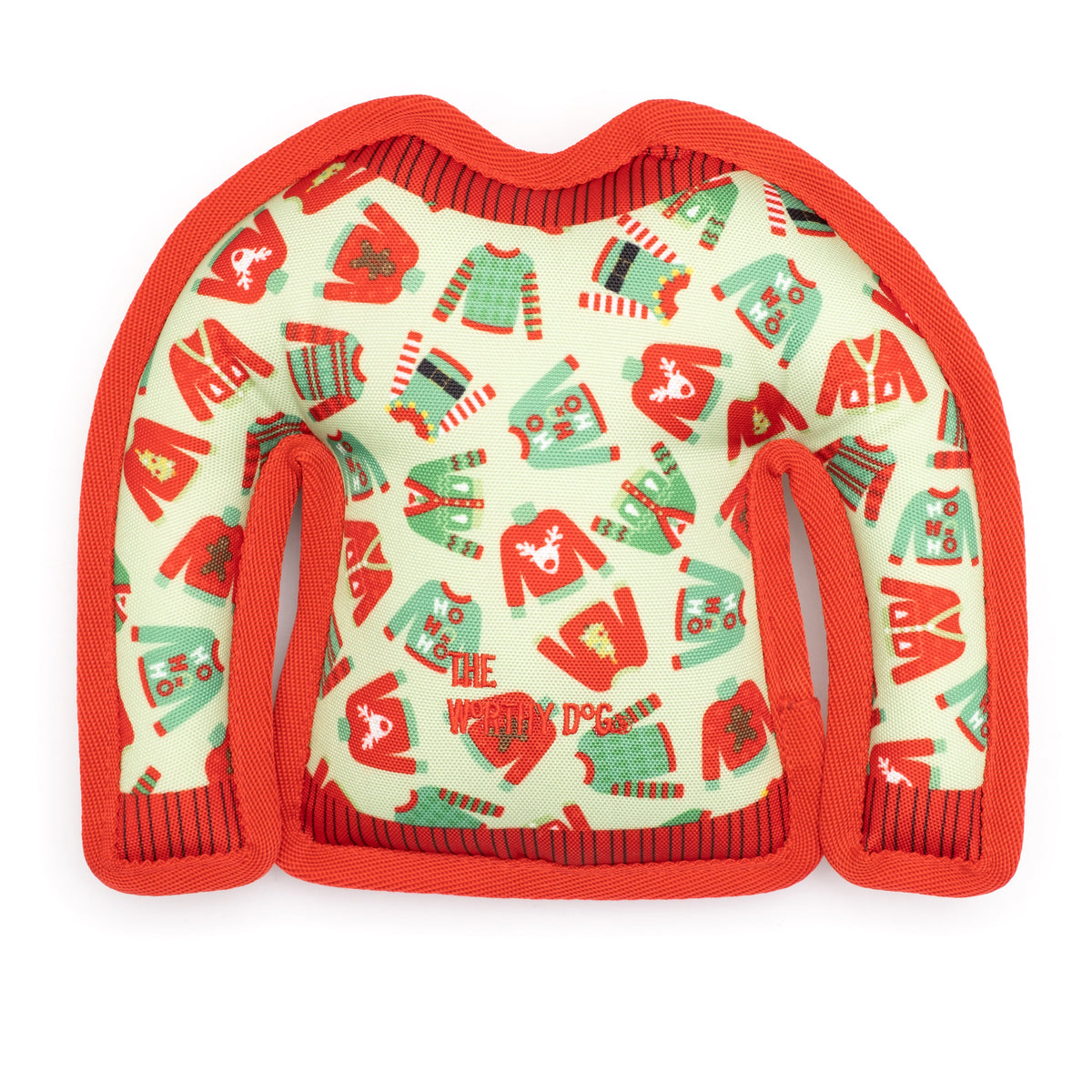 Green Christmas Sweater Squeaky Dog Toy with Red Trim, reverse holiday print