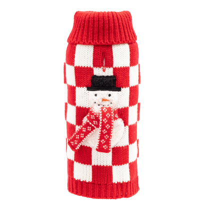 Checkerboard Snowman Dog Sweater – Acrylic, Red, Sizes XXS–XXL