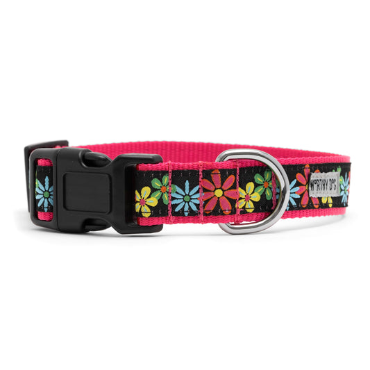 Black Floral Nylon Dog Collar in black, product view 2