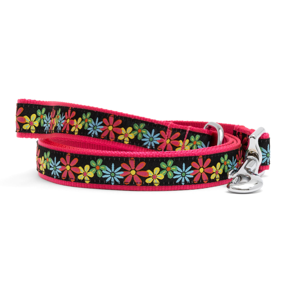 Blossoms black ribbon and nylon dog leash, coiled leash