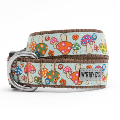 Mint Mushroom Print Nylon Dog Collar in mint, main product view