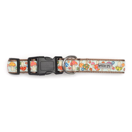 Mint Mushroom Print Nylon Dog Collar in mint, product view 2