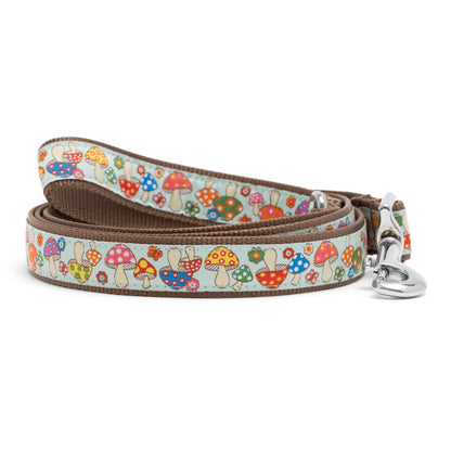 Mushrooms mint ribbon and nylon dog leash, coiled leash