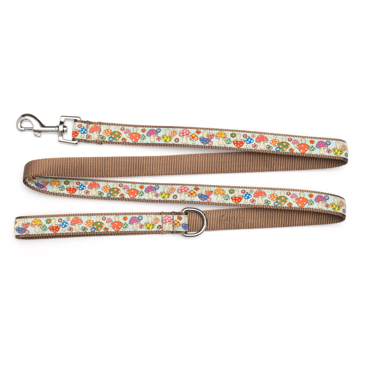 Mushrooms mint ribbon and nylon dog leash, product view 2