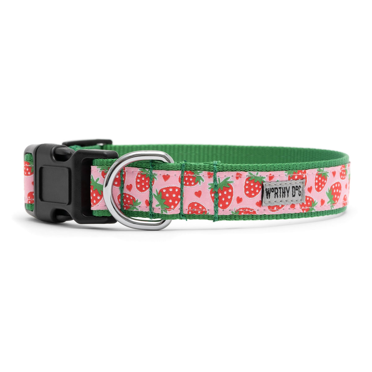 Pink Strawberry Print Nylon Dog Collar in pink, product view 2