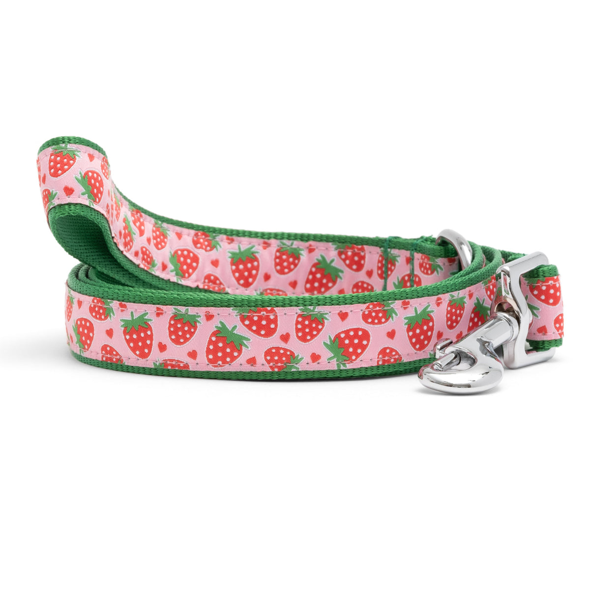Strawberries pink ribbon and nylon dog leash, coiled leash